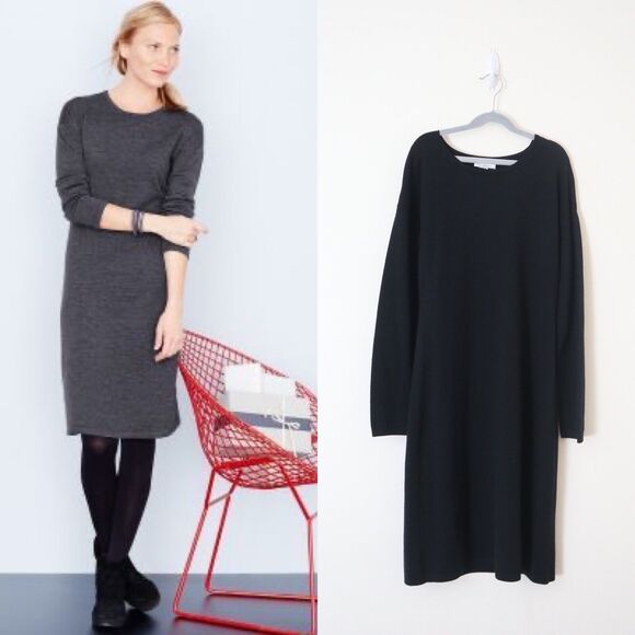 Garnet Hill Dresses & Skirts - Garnet Hill Size XS Modern Merino Wool Sweater Dress Black Crew Neck Knee Length